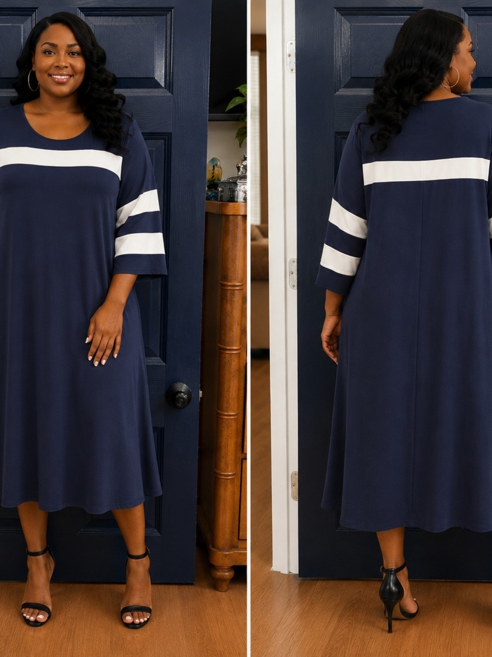 Nina Leonard Navy Dress with White Stripes